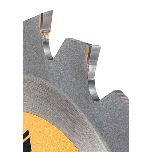 Close-up of a DEWALT circular saw blade showing sharp metal teeth and a yellow section.