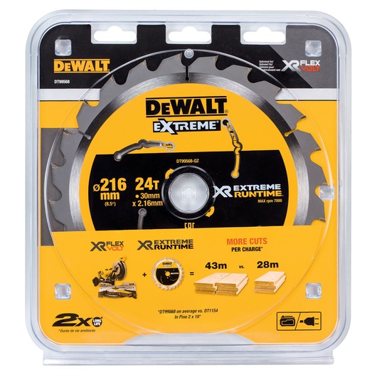 DEWALT Extreme circular saw blade, model DT99568, in original packaging. The blade is 216mm in diameter with 24 teeth and is optimized for longer runtime on XR FLEXVOLT tools. The packaging is yellow and black with icons and information about improved cutting performance and durability.