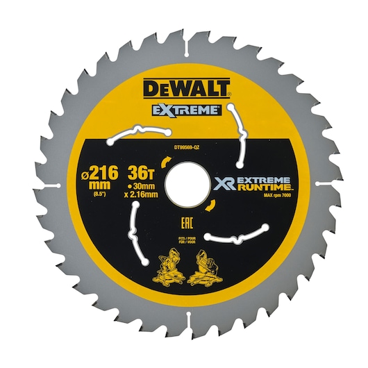 DEWALT DT99569 saw blade, 216mm diameter, 36 teeth, yellow and black design for cutting wood.