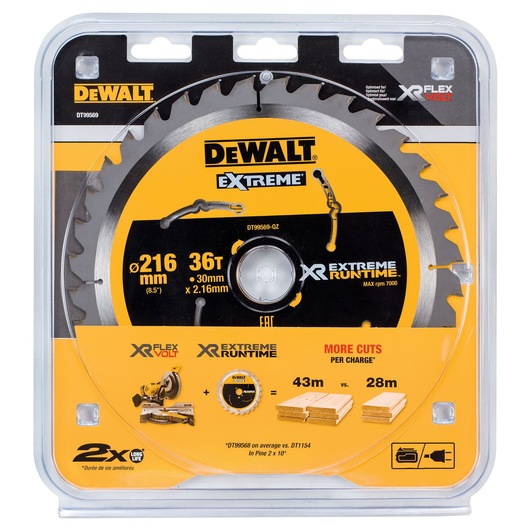 Packaged DEWALT Extreme circular saw blade, model DT99569, designed for XR Flexvolt systems. The blade is 216 mm in diameter, has 36 teeth, and a 30 mm arbor with 2.16 mm thickness. Packaging highlights improved runtime, durability, and more cuts per charge compared to other blades.