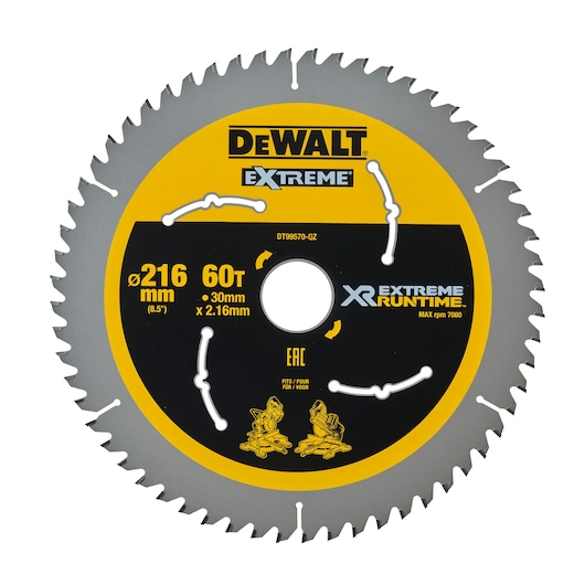 DEWALT DT99570 circular saw blade with 60 teeth, 216 mm diameter, and 30 mm bore, designed for extreme XR runtime and high performance, featuring yellow and black branding and specifications on the front.