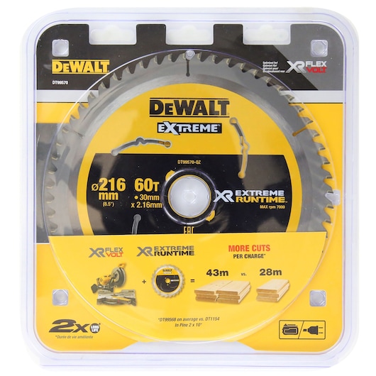 DEWALT Extreme 216mm circular saw blade, 60 teeth, in yellow packaging for XR Flexvolt tools.