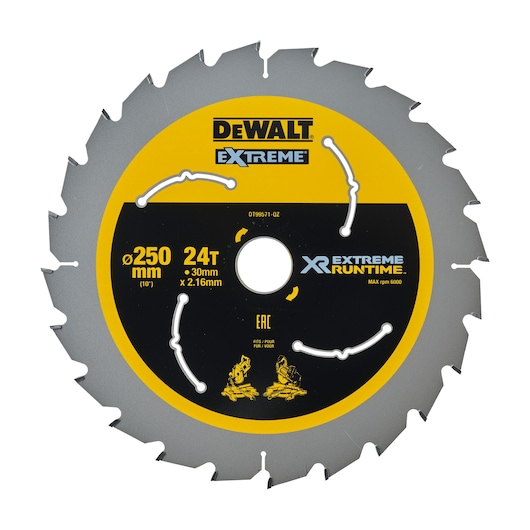 DEWALT Extreme saw blade, 250mm diameter, 24 teeth, for XR Extreme Runtime, model DT99571.