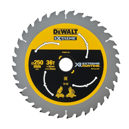 DEWALT circular saw blade, 250mm diameter, 36 teeth, XR Extreme Runtime, black and yellow design.
