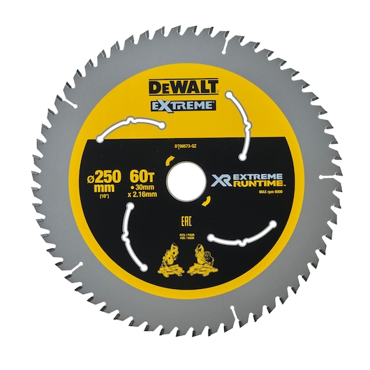 DEWALT DT99573 Extreme XR saw blade, 250mm diameter, 60 teeth for wood cutting, max rpm 6000.