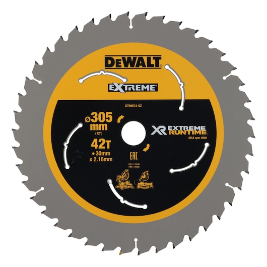 DEWALT DT99574 Extreme circular saw blade with 305mm diameter, 42 teeth, and XR Extreme Runtime branding. The blade is silver and black with yellow details, featuring specifications and compatibility icons for woodworking machines.