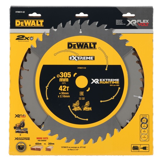 DEWALT saw blade DT99574, 305mm, 42 teeth, XR Flexvolt, Extreme Runtime, packaged in yellow and black box.