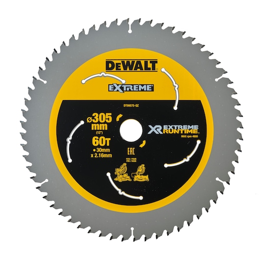 DEWALT Extreme XR circular saw blade with 60 teeth, 305mm diameter, and 30mm x 2.16mm size. The blade is silver with a yellow and black center, suitable for woodworking and power saws.