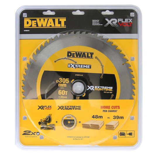 DEWALT DT99575 305mm 60T circular saw blade XR FlexVolt, packaged for photography product display.
