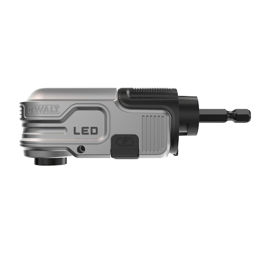 DEWALT right angle attachment with LED light, silver and black, designed for use with drill drivers.
