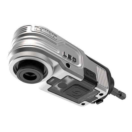 DEWALT LED photography tool with metallic finish and drill bit, angled close-up on white background.