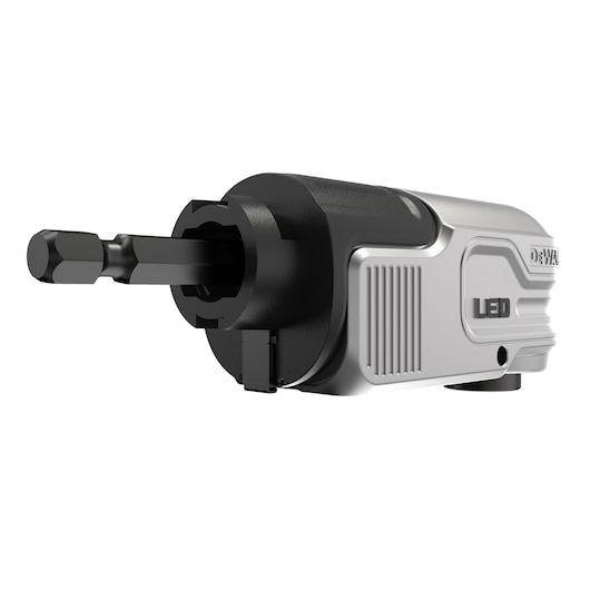 DEWALT right angle drill attachment with LED feature, shown in close-up against a white background.