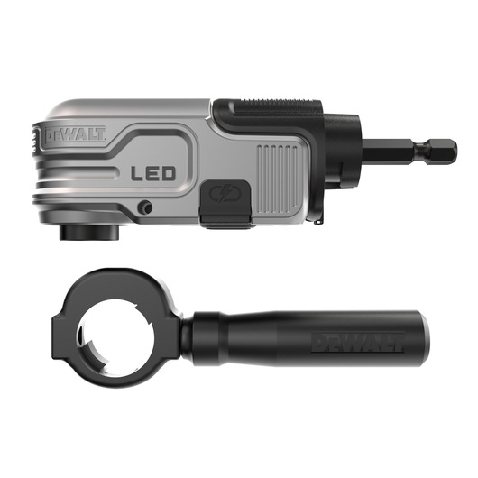 DEWALT LED right angle drill attachment and detachable handle, shown against a white background.