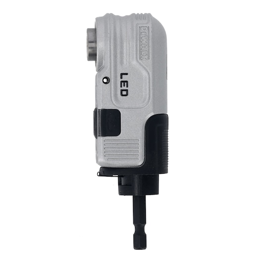 DEWALT right angle drill attachment with LED feature, shown in silver and black finish against a white background.