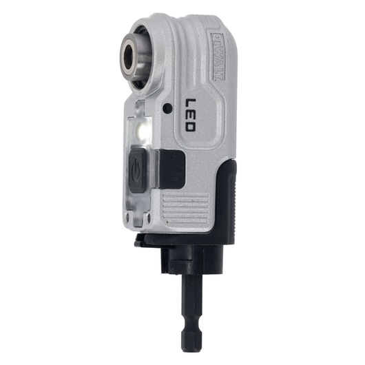 DEWALT right angle LED tool attachment for photography, with visible LED light and power button.