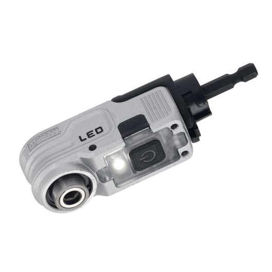 DEWALT right angle drill attachment with LED light, switch, and hex bit holder, shown close up.