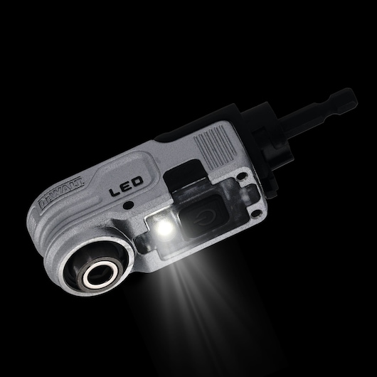 DEWALT tool attachment with LED light, shown illuminating a dark background.