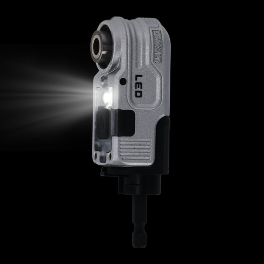 DEWALT LED right angle attachment for drills, shown with LED light turned on against a black background.