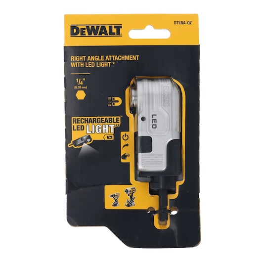 DEWALT right angle attachment with rechargeable LED light, in black and yellow retail packaging.