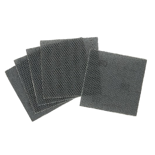 A set of five square mesh sanding sheets, arranged overlapping, shown on a white background.