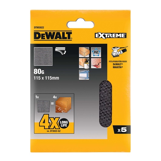 DEWALT DTM3022 sanding sheets, 80 grit, 115x115mm, pack of 5 for wood, PVC, fits DEWALT and Makita sanders.