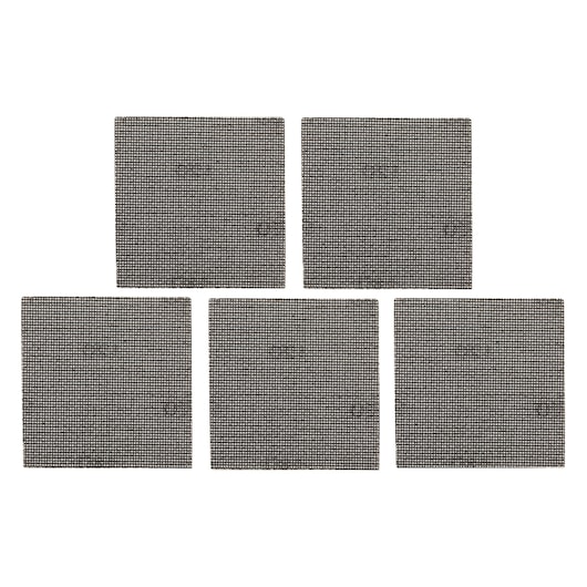 Five square mesh sanding sheets arranged in two rows on a white background.