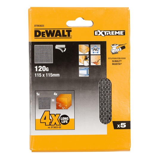 DEWALT DTM3023 sanding mesh pads, 120G grit, 115x115mm, pack of 5 for wood, PVC and surface sanding.