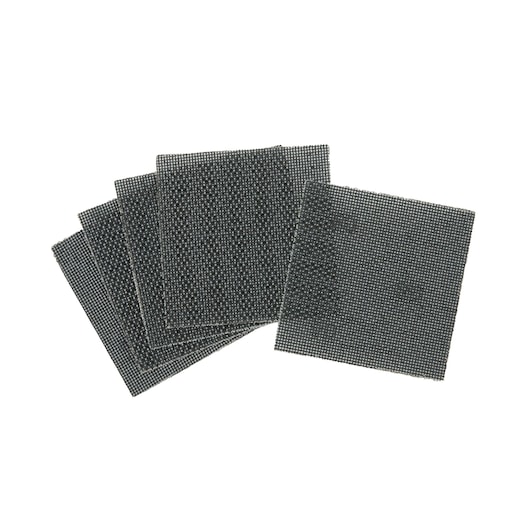 Five square mesh sanding sheets in black, arranged in a fanned-out stack on a white background.