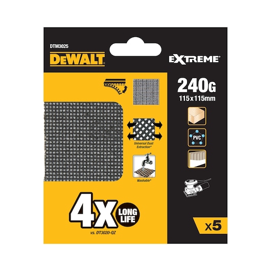 DEWALT DTM3025 Extreme sanding mesh, 240G, 115x115mm, pack of 5, for wood, PVC, and washable, long life.