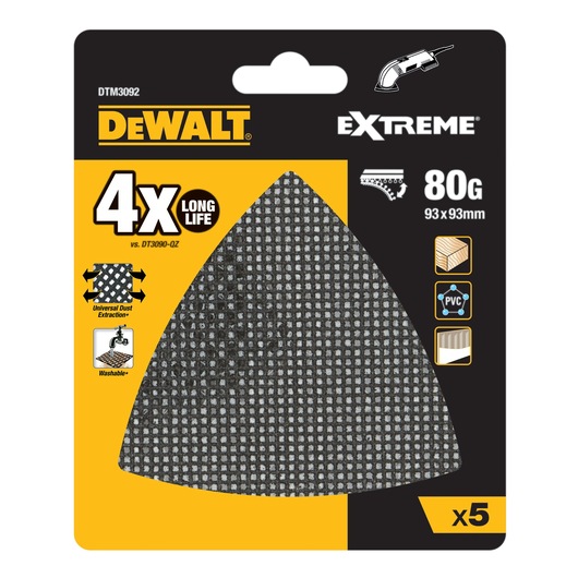 DEWALT Extreme DTM3092 sanding mesh pack, 80 grit, 93x93mm, 5 pieces for dust extraction and washable use.