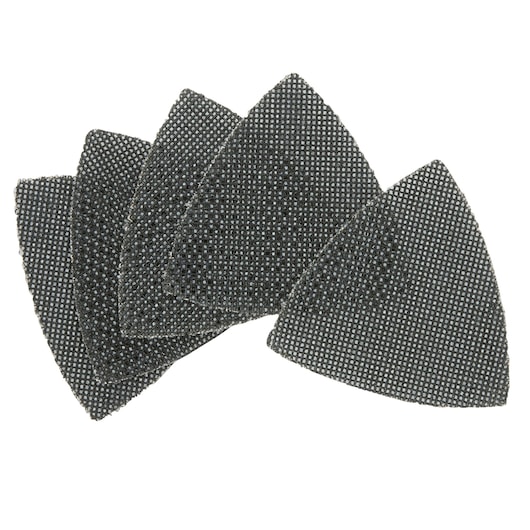 Set of five mesh sanding pads in a triangular shape, arranged in a fan layout, shown on a white background.