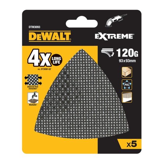 DEWALT Extreme sanding sheet pack, 120 grit, mesh, triangle shape, 93x93mm, suitable for wood and PVC, pack of 5.