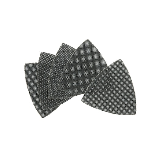 Five DEWALT triangular sanding mesh sheets stacked in a fan arrangement on a white background.