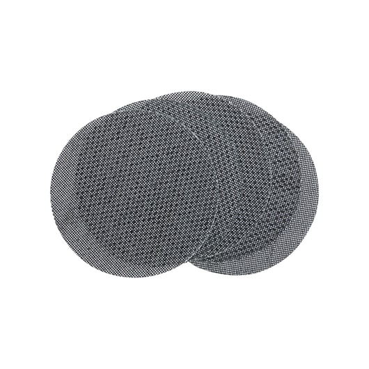Three round mesh sanding sheets stacked, black color, used for abrasive surface finishing.