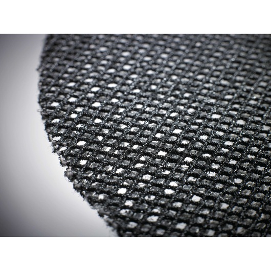 Close-up view of a round, black abrasive mesh sanding disc with a grid pattern.