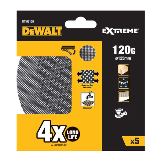 DEWALT DTM3105 sanding mesh pads, 120 grit, 125mm, pack of 5, for wood, PVC, washable, long life, Extreme range.