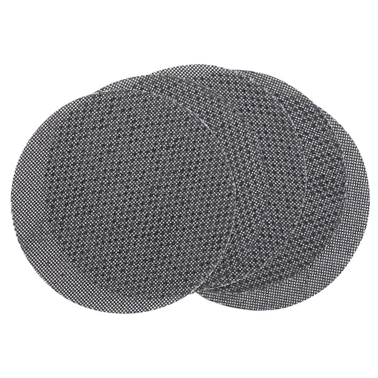 Four round mesh abrasive sanding discs stacked and overlapped, shown against a white background.