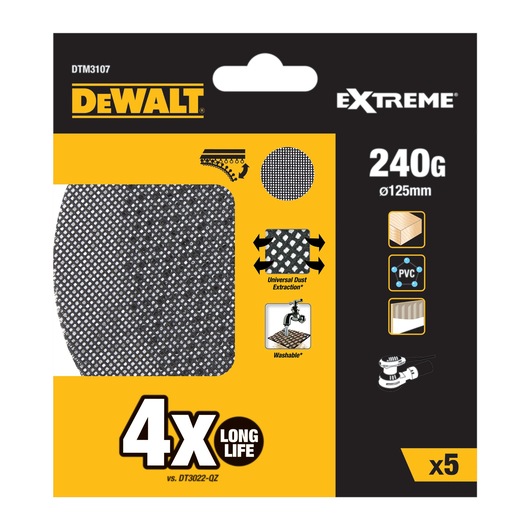 DEWALT DTM3107 sanding mesh discs, 240 grit, 125mm, long life, pack of 5 for wood, PVC, and drywall sanding.