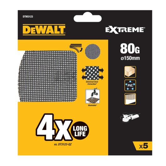 DEWALT DTM3123 Extreme sanding mesh pads, 80 grit, 150mm, pack of 5 for wood, PVC and other surfaces.