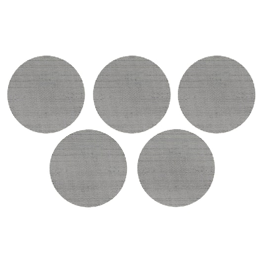 Five round DEWALT sanding mesh discs arranged in two rows on a white background.