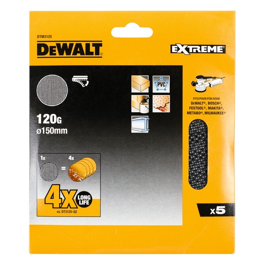 DEWALT DTM3125 sanding mesh discs, 120G, 150mm diameter. Extreme long life, pack of 5 for multi-material sanding.