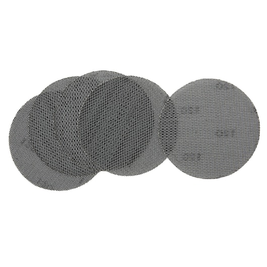 A set of five round mesh sanding discs, arranged in an overlapping pattern on a white background.