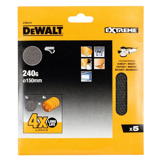 DEWALT Extreme sanding discs, 240 grit, 150mm, pack of 5. Suitable for wood, PVC, multiple brands.