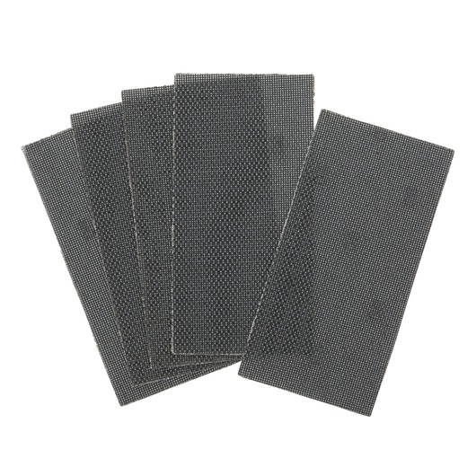 A set of five rectangular mesh sanding sheets arranged in a fan pattern. The sheets are dark gray and used for sanding surfaces.