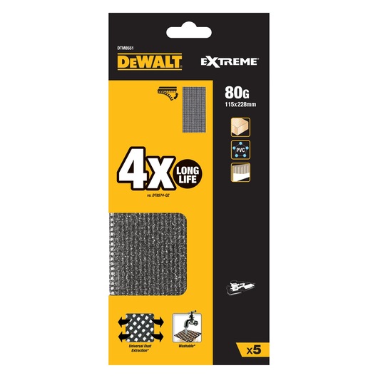 DEWALT Extreme sanding mesh sheets pack, 80 grit, long life, 115x228mm, for wood, PVC, pack of 5.