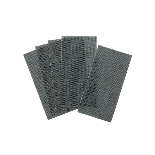 Five rectangular DEWALT sanding mesh sheets fanned on a white background.