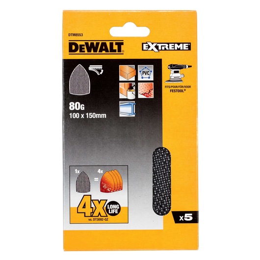 DEWALT Extreme sanding sheets, 80 grit, 100x150mm, pack of 5, long life, suitable for multiple surfaces.