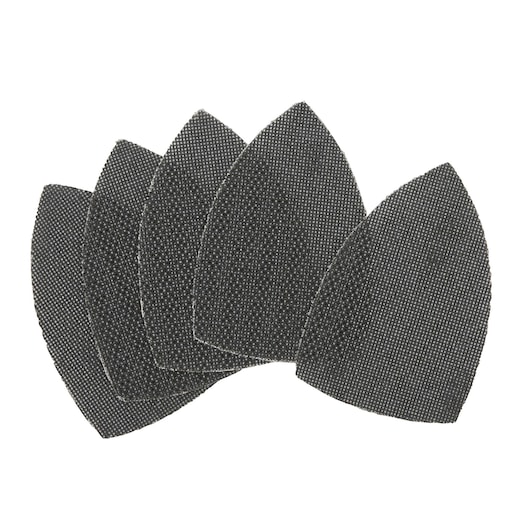 Five black mesh sanding pads arranged in a fan pattern, suitable for use with multi-tool sanders.