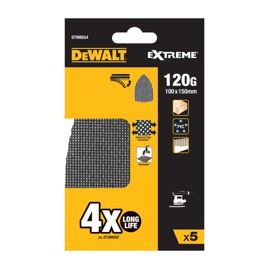 DEWALT Extreme sanding sheets, 120G, 100x150mm, pack of 5 for wood, PVC, and walls. Washable and durable.