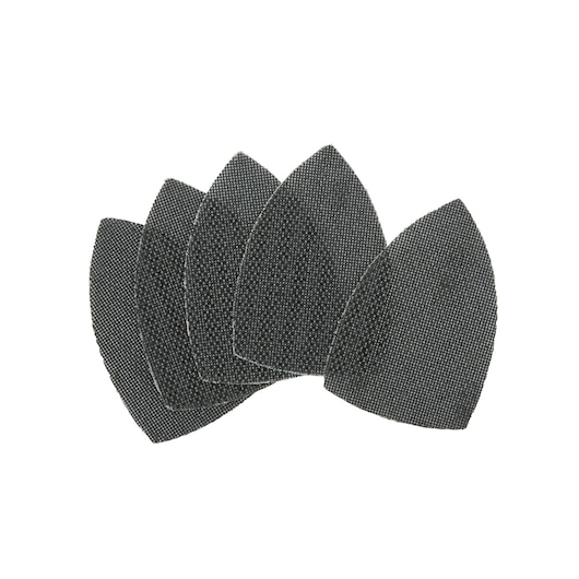 Five triangular mesh sanding sheets in black, fanned out with visible texture, designed for photography tools.